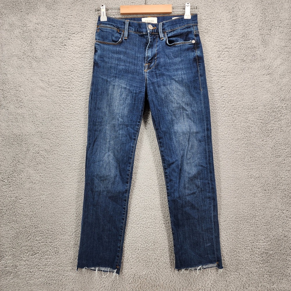FRAME Le High Straight Jeans Womens‎ Size 26 Blue Distressed Frayed Hem Denim
